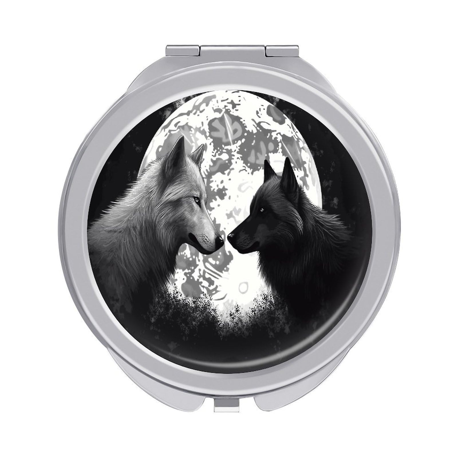 LDGSUPH Wolves Love Under The Moon Wild Animal Travel Makeup Mirrors Portable Compact Mirror Double-Sided 2X/1X Magnifying Folding Pocket Mirror Mini Round Handheld Mirrors for Home Outdoor