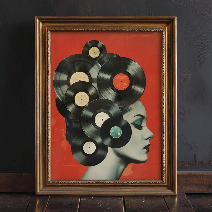 Poster su tela con dischi in vinile retrò anni '50, stile Art Déco classico contemporaneo, stampa artistica di una donna con inchiostro per decorare le pareti della casa (80x140 cm/senza cornice)