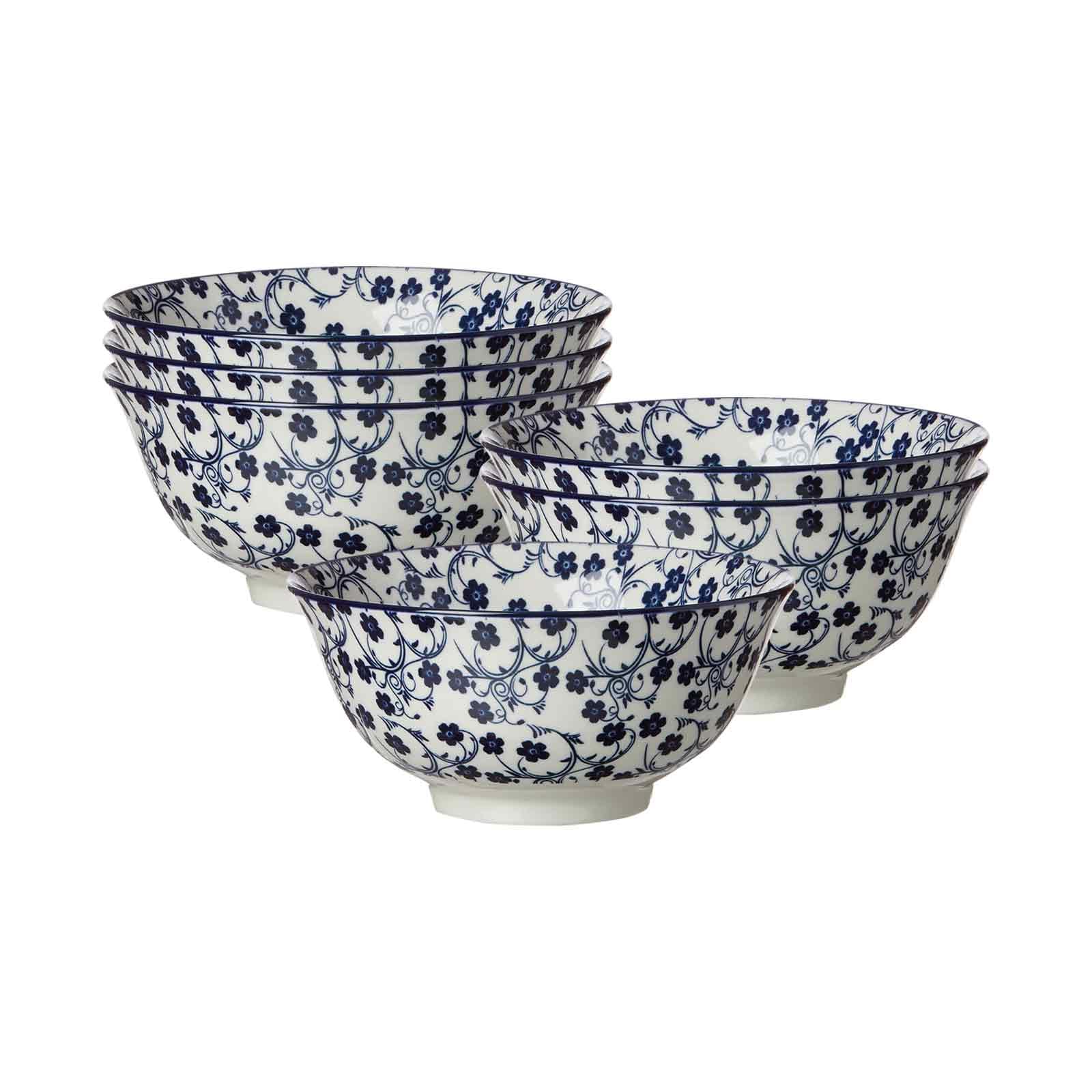 Ritzenhoff & Breker Müslischale-Set Royal Sakura 6-teilig, Ø 15.5 cm, Runde Schalen aus Porzellan, Orientalisches Dekor, Spülmaschinenfest & Mikrowellengeeignet, Blau-Weiß