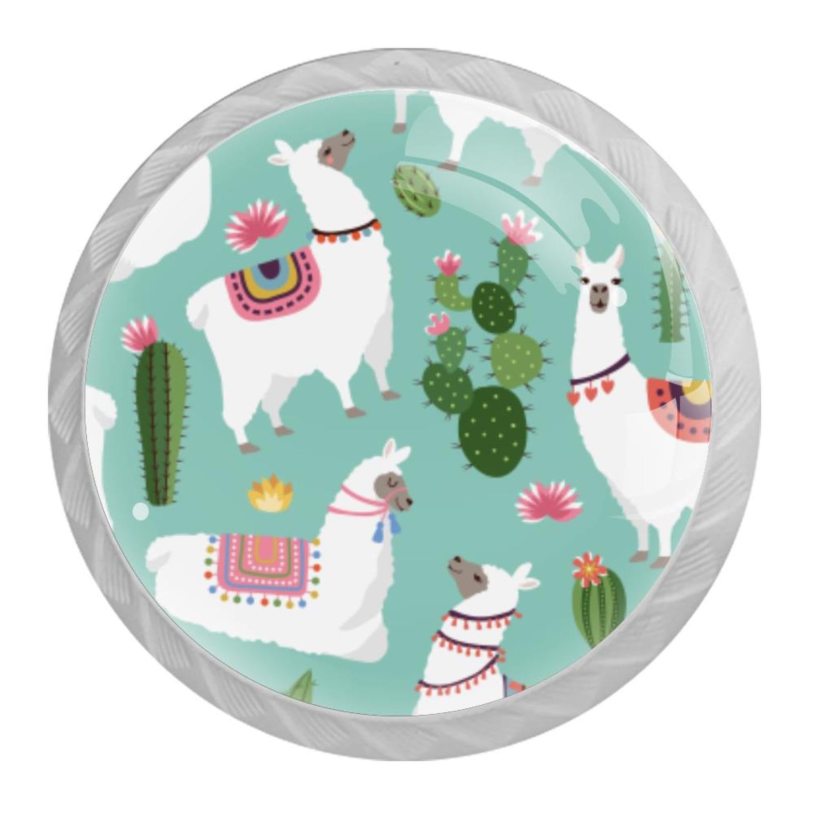 Tqmspg Multi20 4 Pieces Drawer Pulls Cactus Cute Alpaca Pattern Door Knobs Dresser Handles For Kitchen Wardrobe Cupboard Hardware Furniture