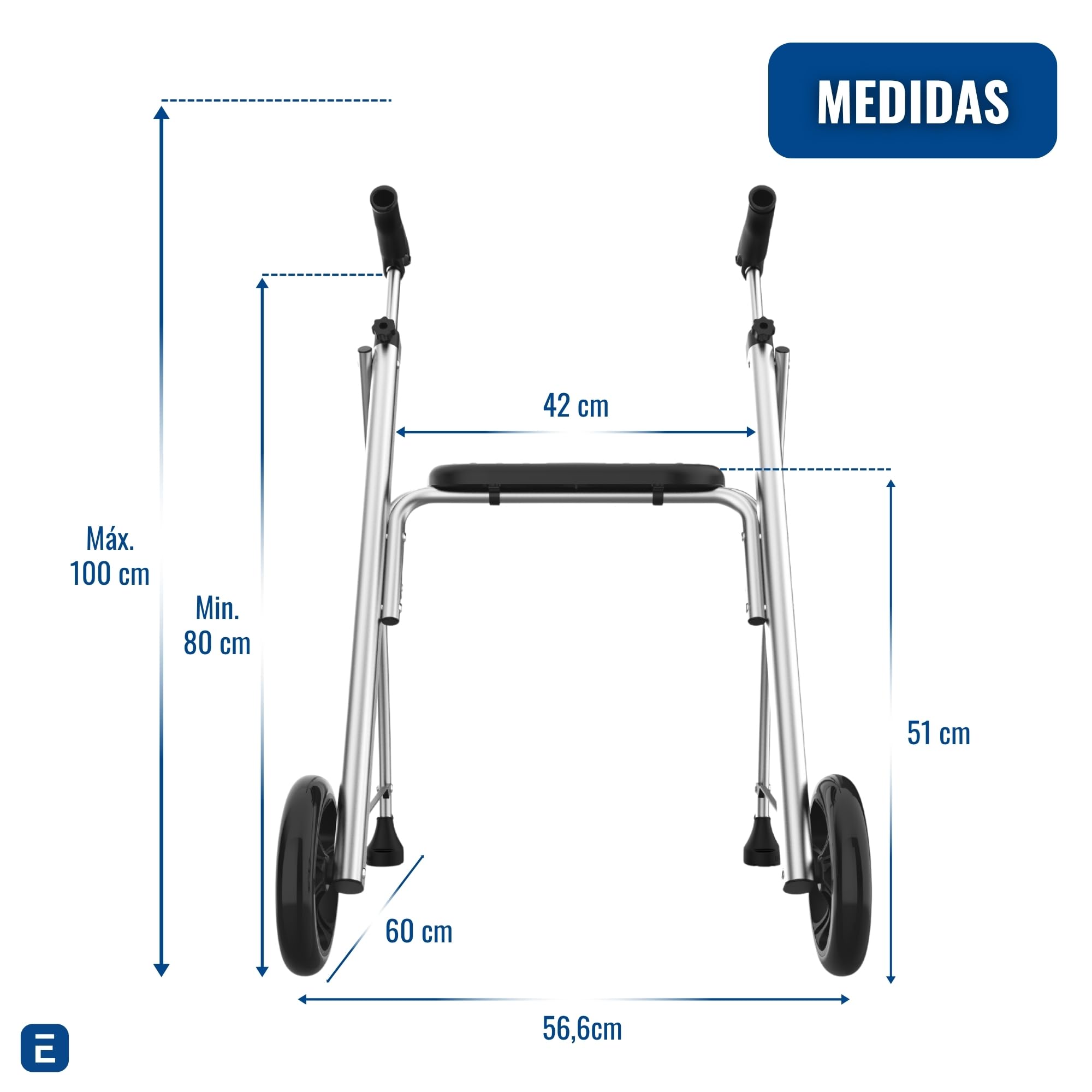 INDESmed - Andador Plegable con Asiento de Aluminio para ancianos, personas con movilidad reducida o rehabilitación. Ajuste preciso, Mango antitendinitis y antideslizante, 2 Ruedas (Morado)