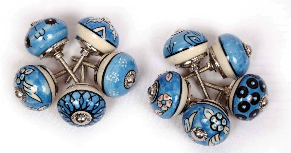 10 Knobs Oranated Blue & White Hand Painted Ceramic Knobs Cabinet Drawer Pull