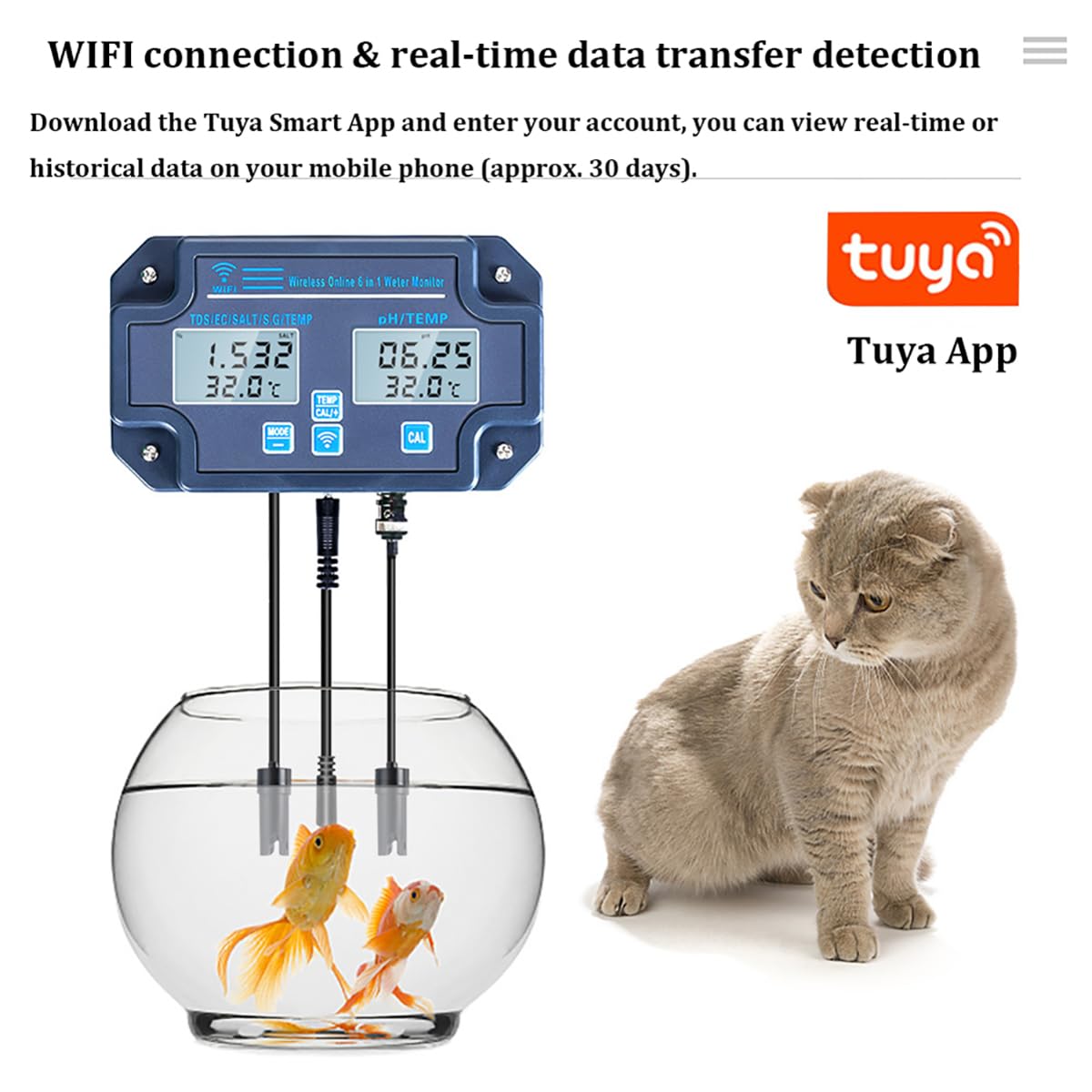 Tester della qualità dell'acqua, misuratore digitale della salinità PH EC SG 6 in 1, monitor WiFi intelligente della qualità dell'acqua con display LCD, rilevatore della qualità dell'acqua per bere