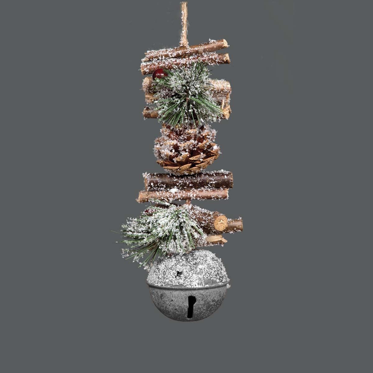 Shatchi Silver 33Cm Garland With Jingle Bells Wooden Sticks, Berries And Pinecones Christmas Home Wall Door Hanger Sleigh Bells Xmas Holiday Hanging Decorations