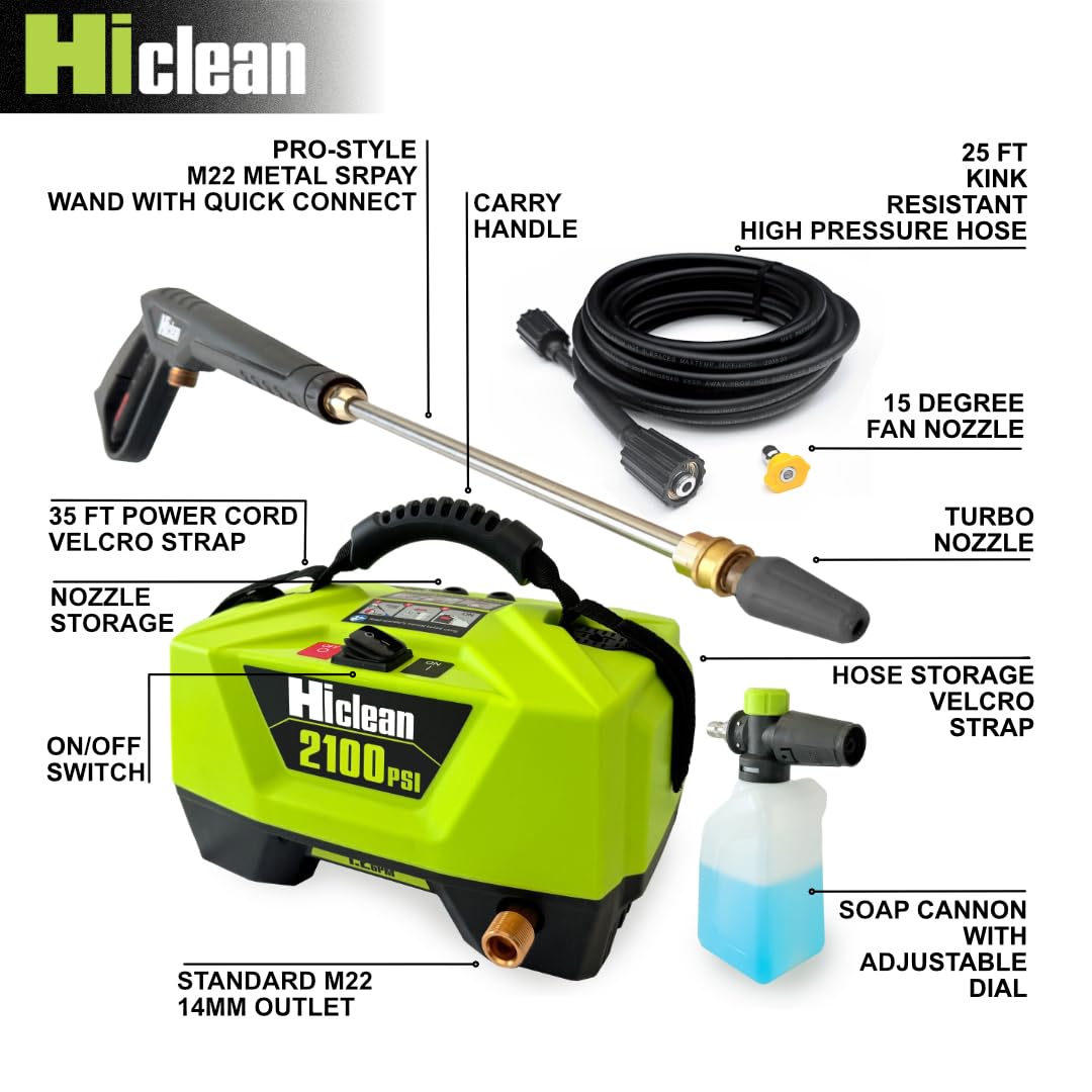 Hiclean Lavadora a presión eléctrica, 2100 PSI máximo, ultra compacta, cañón de espuma, turbo y boquillas de ventilador, para lavar coches, patios y vallas