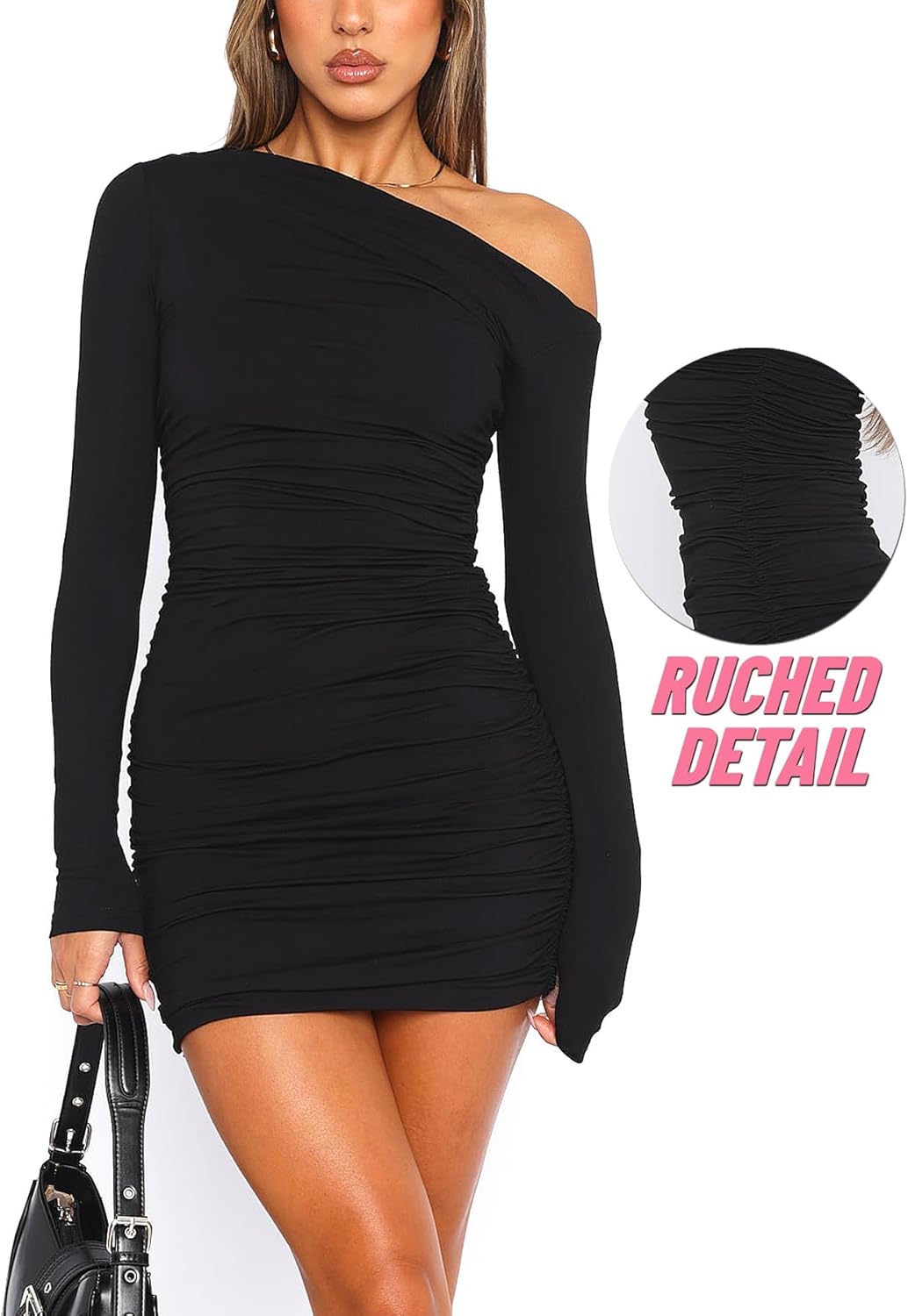 Women Off The Shoulder Long Sleeve Dress Ruched Bodycon Mini Dress Cocktail Going Out Dresses - Image 3