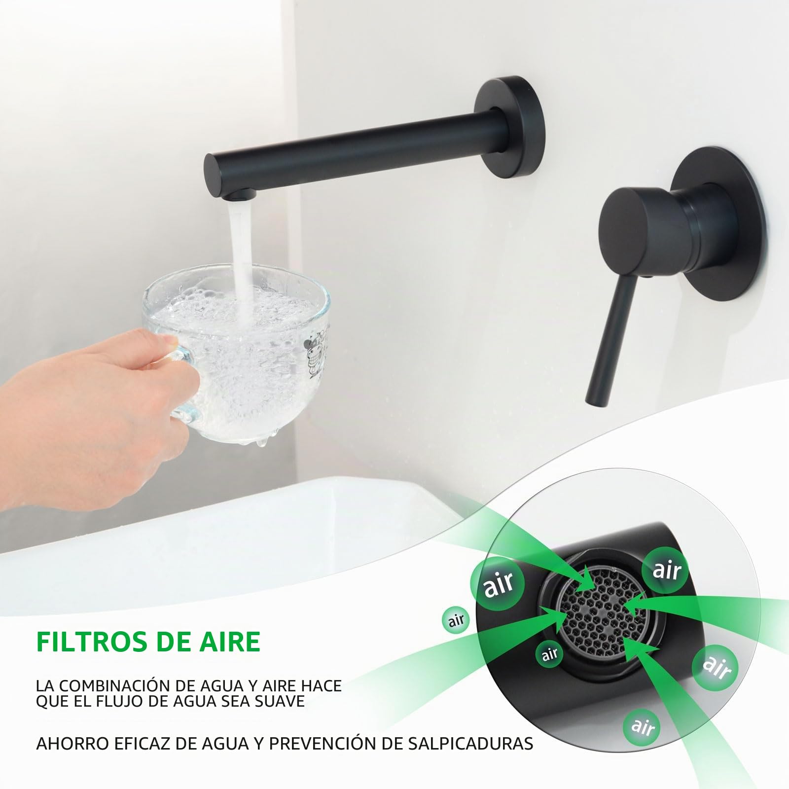 PHASAT Grifo de baño, Grifo de lavabo de doble agujero de montaje en pared, Grifo mezclador monomando para lavabo negro PTMP08B