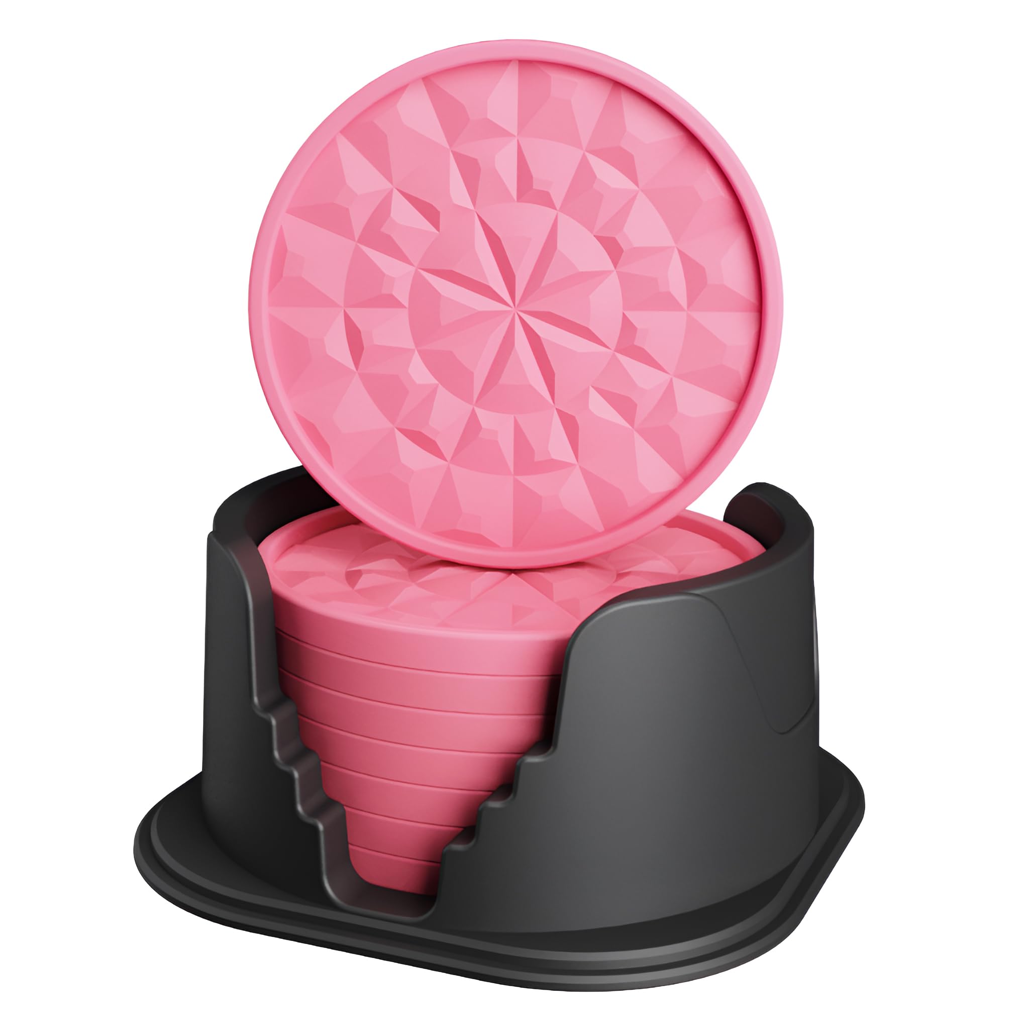 Amooca Silicone Coasters 8 Pack with Holder Anti-Slip Non-Stick Drink Coaster Deep Tray Cup Mat for Hot or Cold Drinking Peach Pink Floral