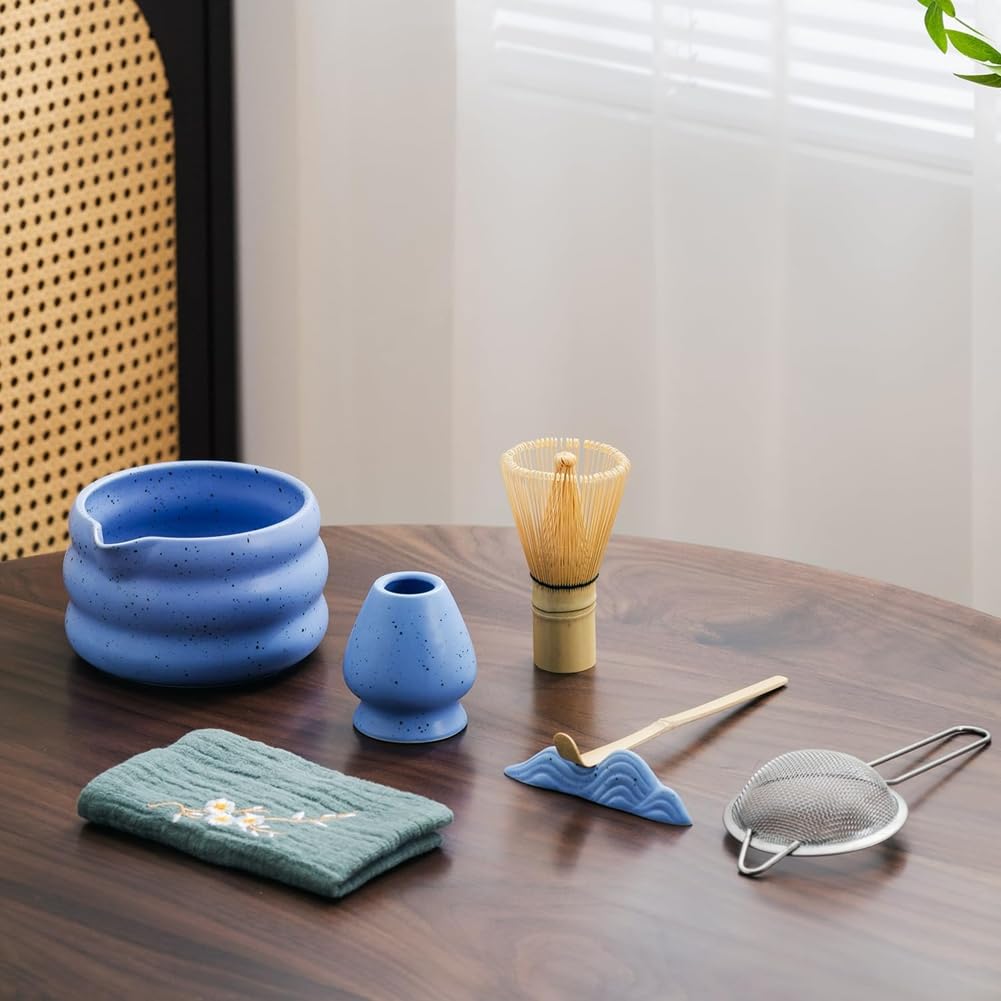Juego de té matcha japonés de 7 piezas, kit de matcha con cuenco de matcha (con boquilla de vertido), batidor de matcha, soporte para batidor, colador