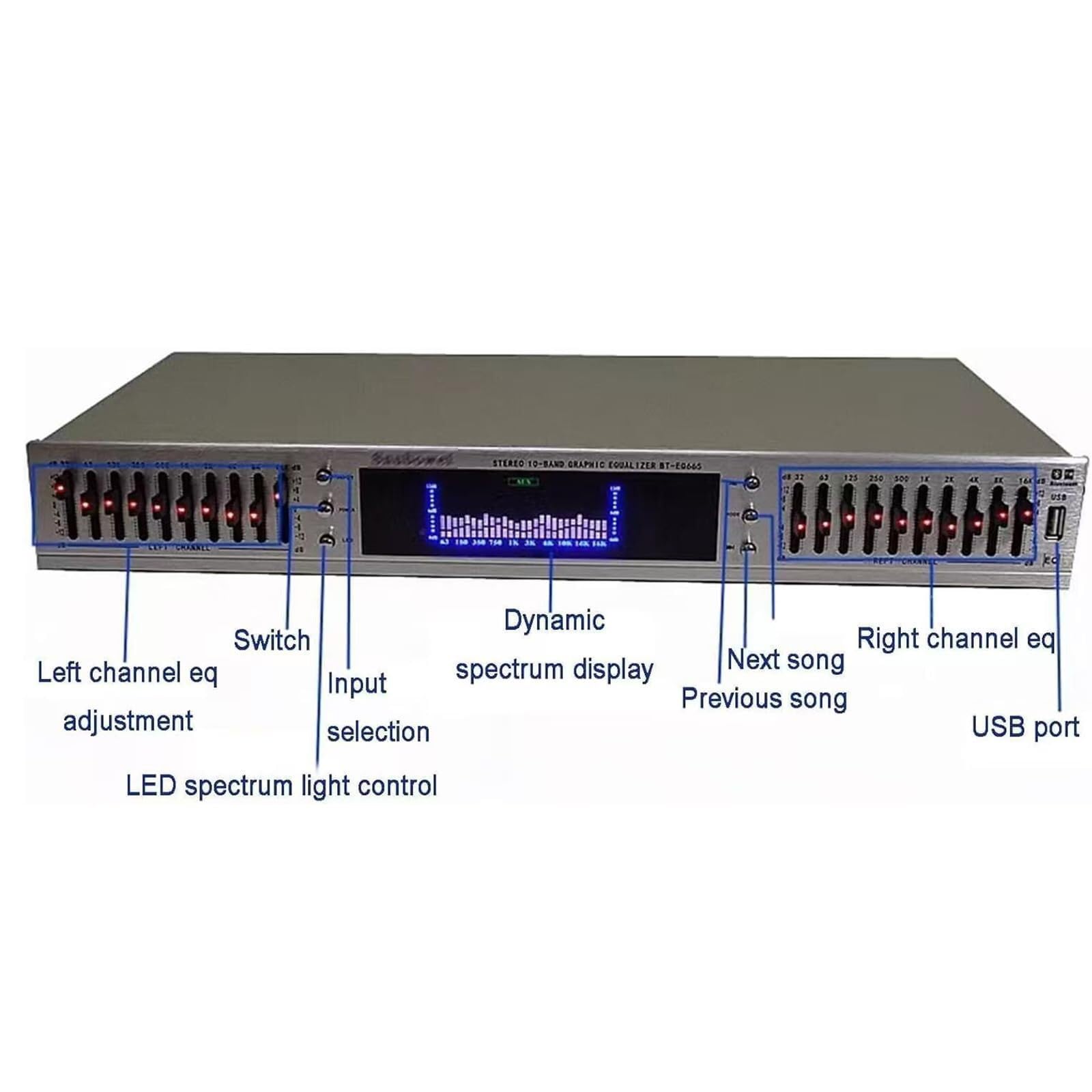 HiFi Audio Equalizer - Professioneller digitaler Grafik-Equalizer mit integriertem Bluetooth- und LED-Spektrum-Display, inklusive Fernbedienung und dynamischem Rhythmus-Tuner für Studio- und