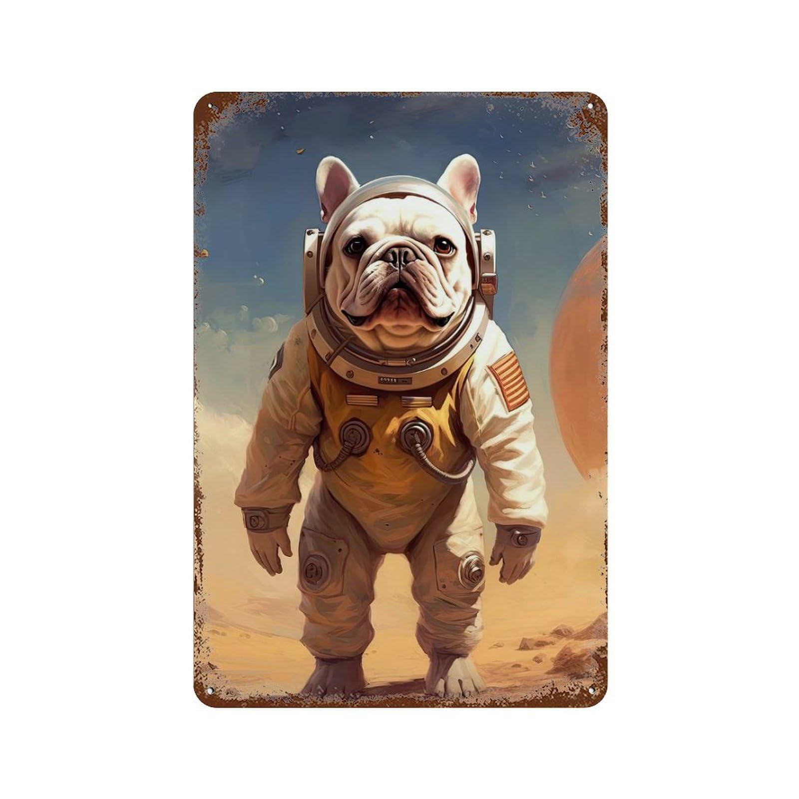 Garage Style Cream French Bulldog Mars Distressed Metal Wall Sign 11.8"x7.9", Vintage Wall Decor for Bar And Workshop