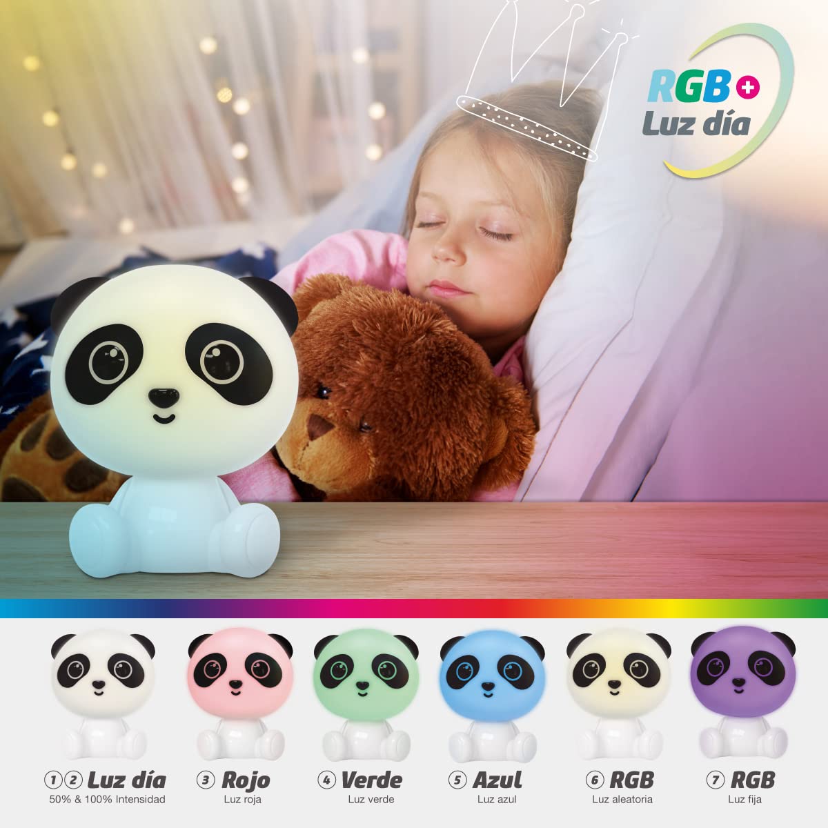 Luce notturna per bambini Panda LED 2,5W RGB + batteria ricaricabile per luce diurna Bianca