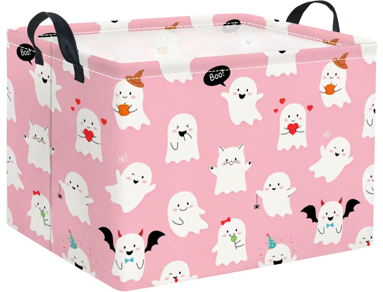 Halloween Basket Cute Baskets for Kids Pumpkin Basket Rectangular Storage Bin Organizer Box Room Decor(Pink Ghosts)