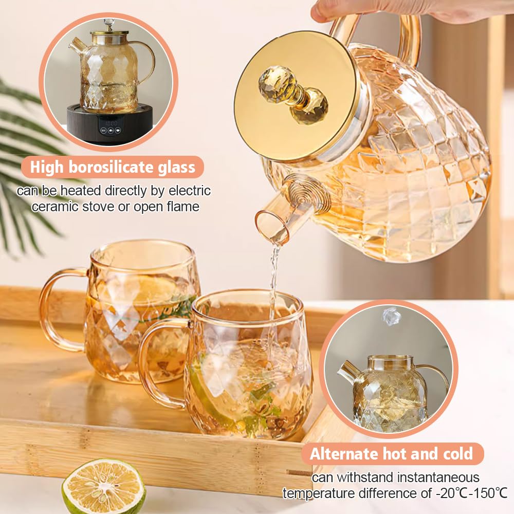 Théière en Verre 1.8L Résistance à Température -20℃-150℃ Théière Originale Théière en Verre Borosilicate Théière Transparente en Verre Théière Marocaine Transparente en Verre Ambre