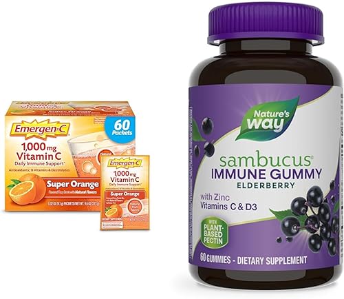 Emergen-C 1000 mg de vitamina C en polvo para apoyo inmunológico diario, suplementos de vitamina C sin cafeína con zinc y manganeso y gomitas