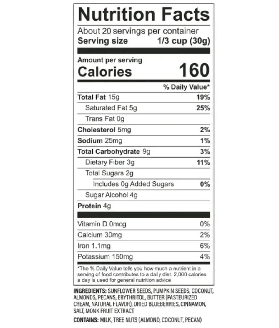 Low Karb NuTrail, Keto Blueberry Nut Granola Healthy Breakfast Cereal, Low Carb Snacks & Food, Almonds, Pecans, Coconut and More, 2g Net Carbs, 1.37 lb, 22 Oz