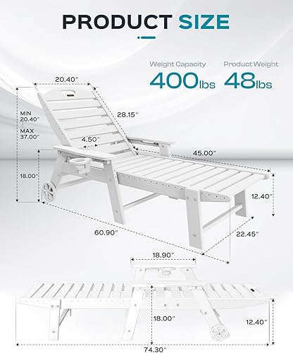 Miniatura 3 de Tumbona de exterior extragrande con 5 posiciones, de polietileno de alta densidad (HDPE), con ruedas y portavasos, para patio, terraza, piscina o