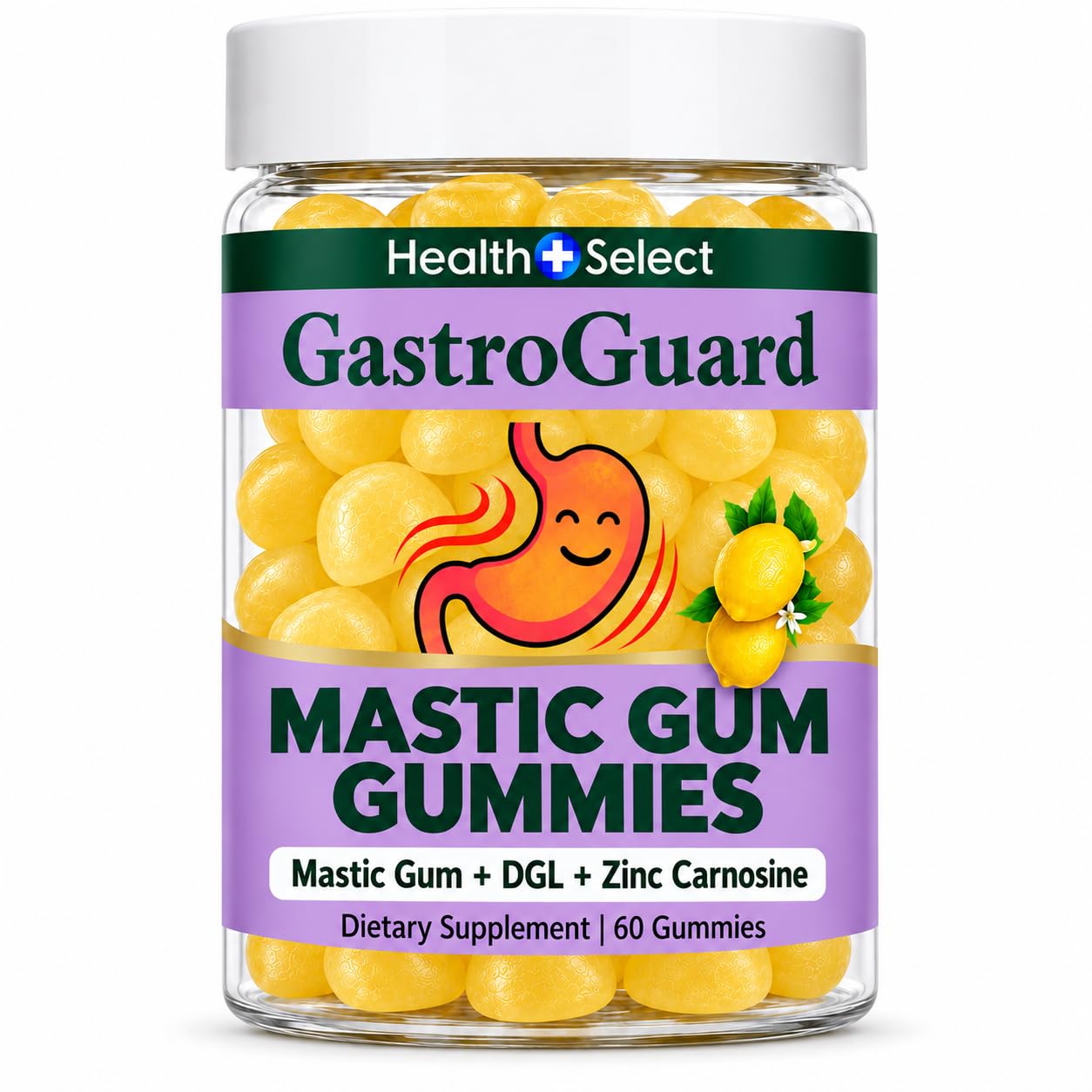 Mastic Gum Stomach Support - Mastic Gum, DGL, & Zinc Carnosine - Lemon Flavor, 60 Vegan Gummies