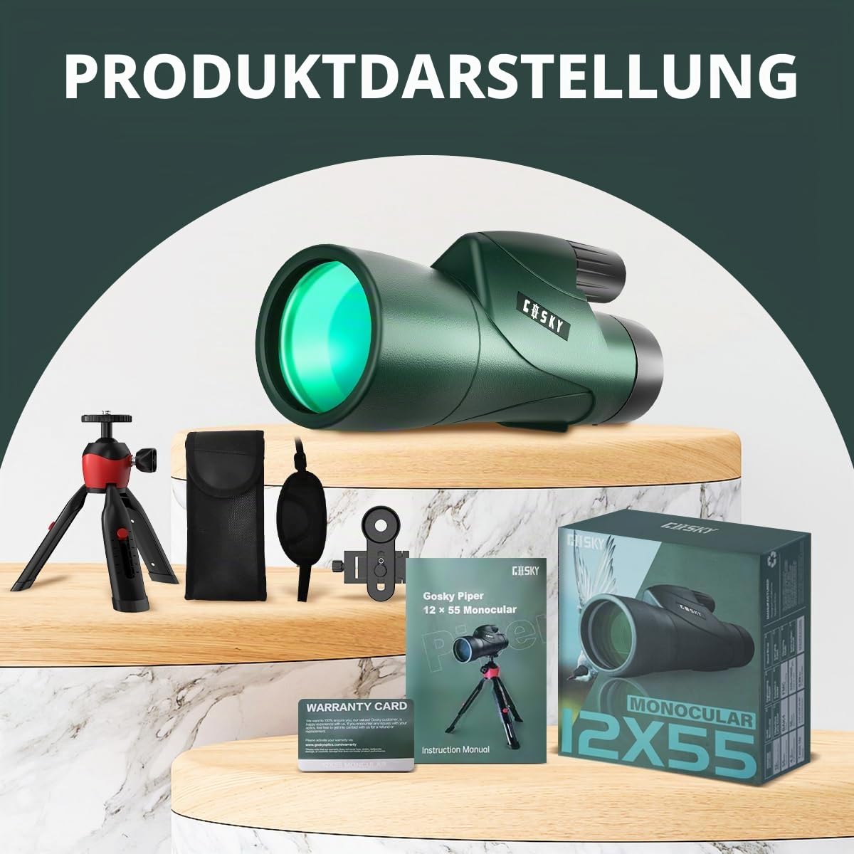 Gosky Monokulares Teleskop, Piper 12 x 55 Hochauflösendes Monokular für Erwachsene mit BAK4-Prisma und FMC-Objektiv, leichtes , handlich mit Smartphone-Adapter, geeignet für Vogelbeobachtung
