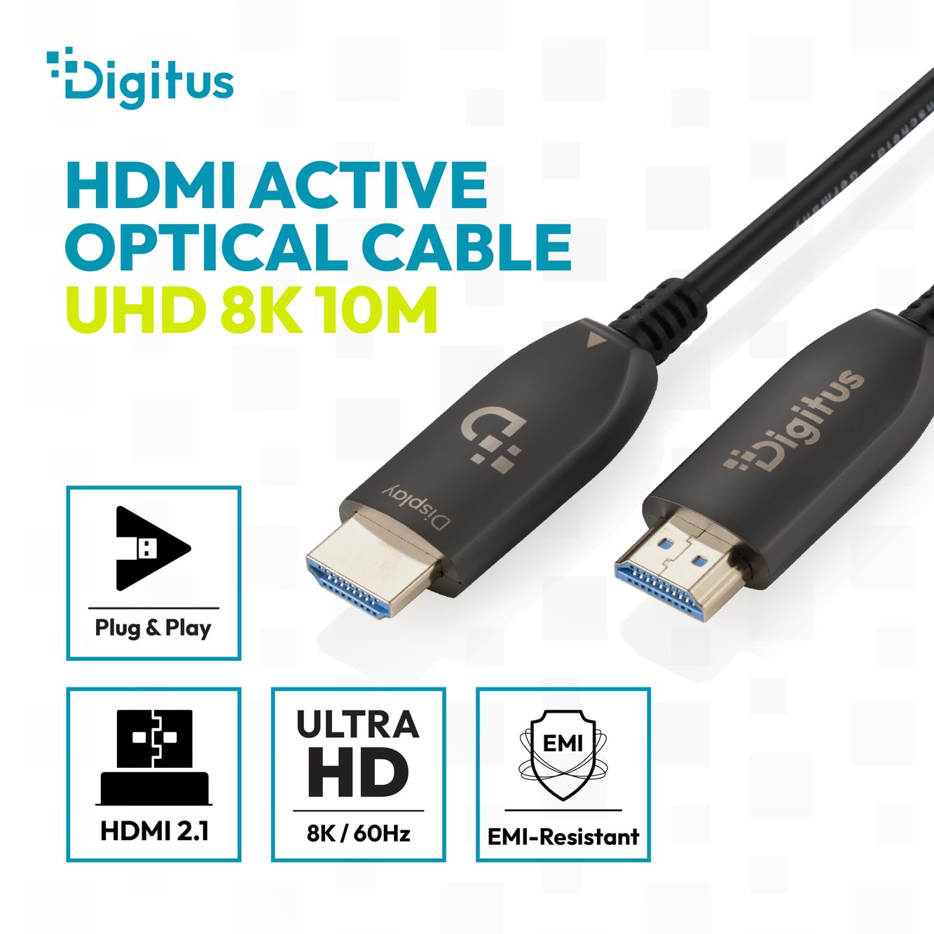 DIGITUS Cable HDMI de fibra óptica – 10 m – UHD 8K 60 Hz 4K 120 Hz | HDMI 2.1 – 48 Gbps – eARC, HDR, HDCP 2.2, CEC – Cable híbrido AOC – Cable HDMI de FO – Negro