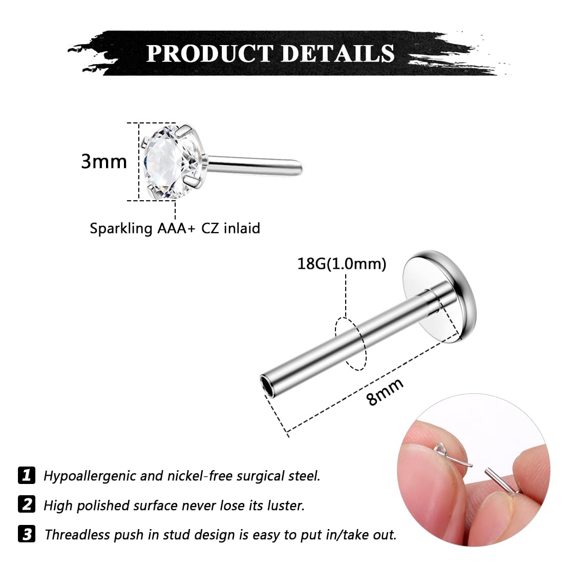 ZXLIHS 28 szt. Bezgwintowe kolczyki w nosie zestaw sztyftów stal chirurgiczna warga nozdrze Labret Medusa Piercing biżuteria Push in Tragus muszla Helix płaskie kolczyki z łu dla kobiet mężczyzn 16G