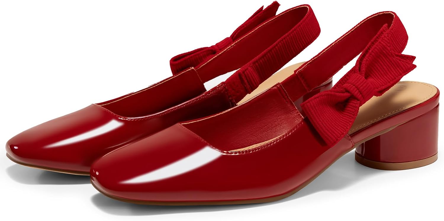 Coutgo Womens Slingback Chunky Heels Bow Closed Square Toe Slip On Work Pumps Dress Shoes