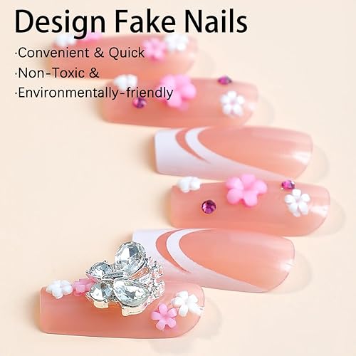 Miniatura 3 de Uñas postizas cuadradas a presión, uñas postizas largas con diseños de flores y mariposas, puntas de uñas postizas blancas, uñas acrílicas cuadradas