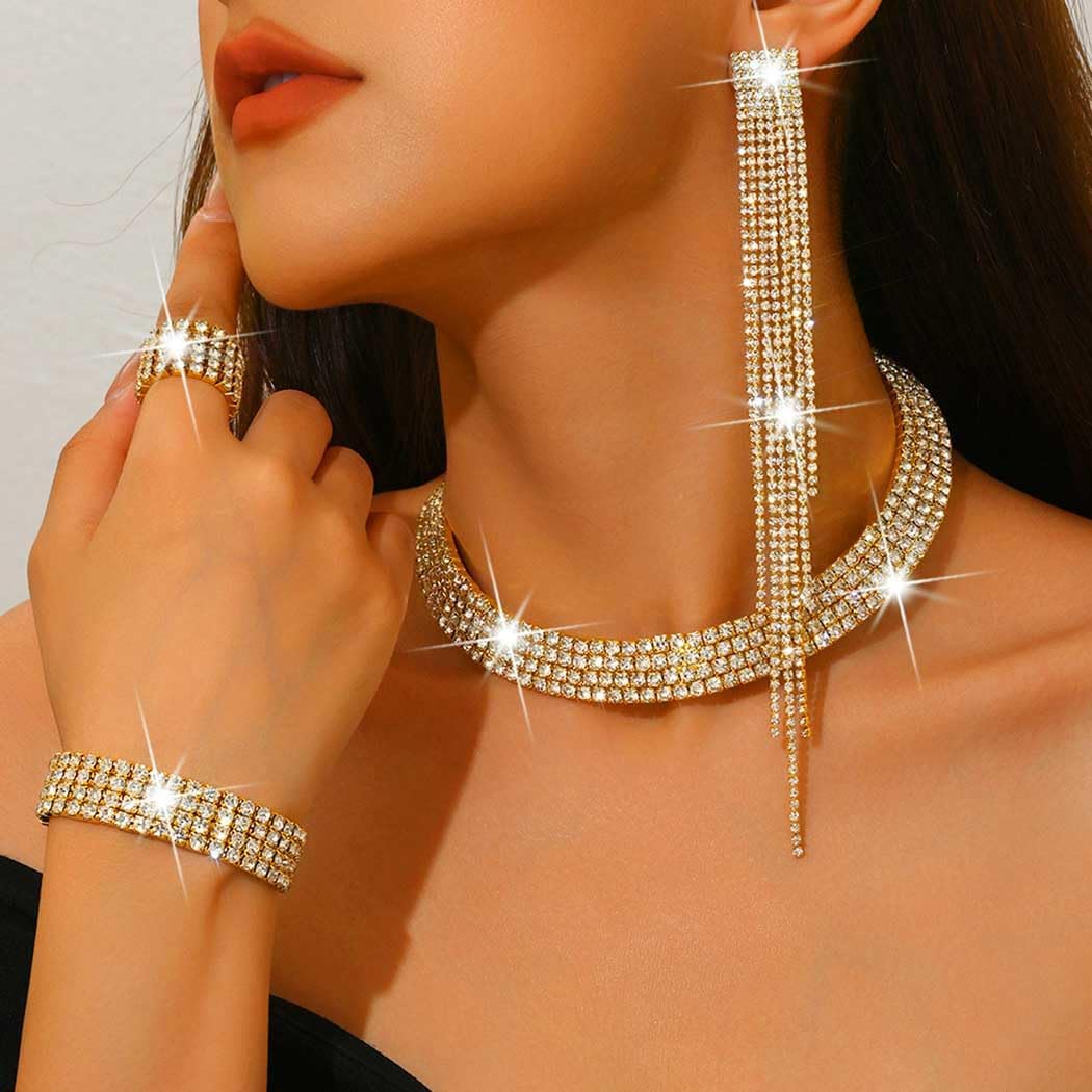 Unicra Rhinestone Bridal Wedding Jewelry Sets Silver Choker Necklace Earrings Bracelet Ring Set Prom Formal Costume Jewelry Set for Women and Brides - Image 3