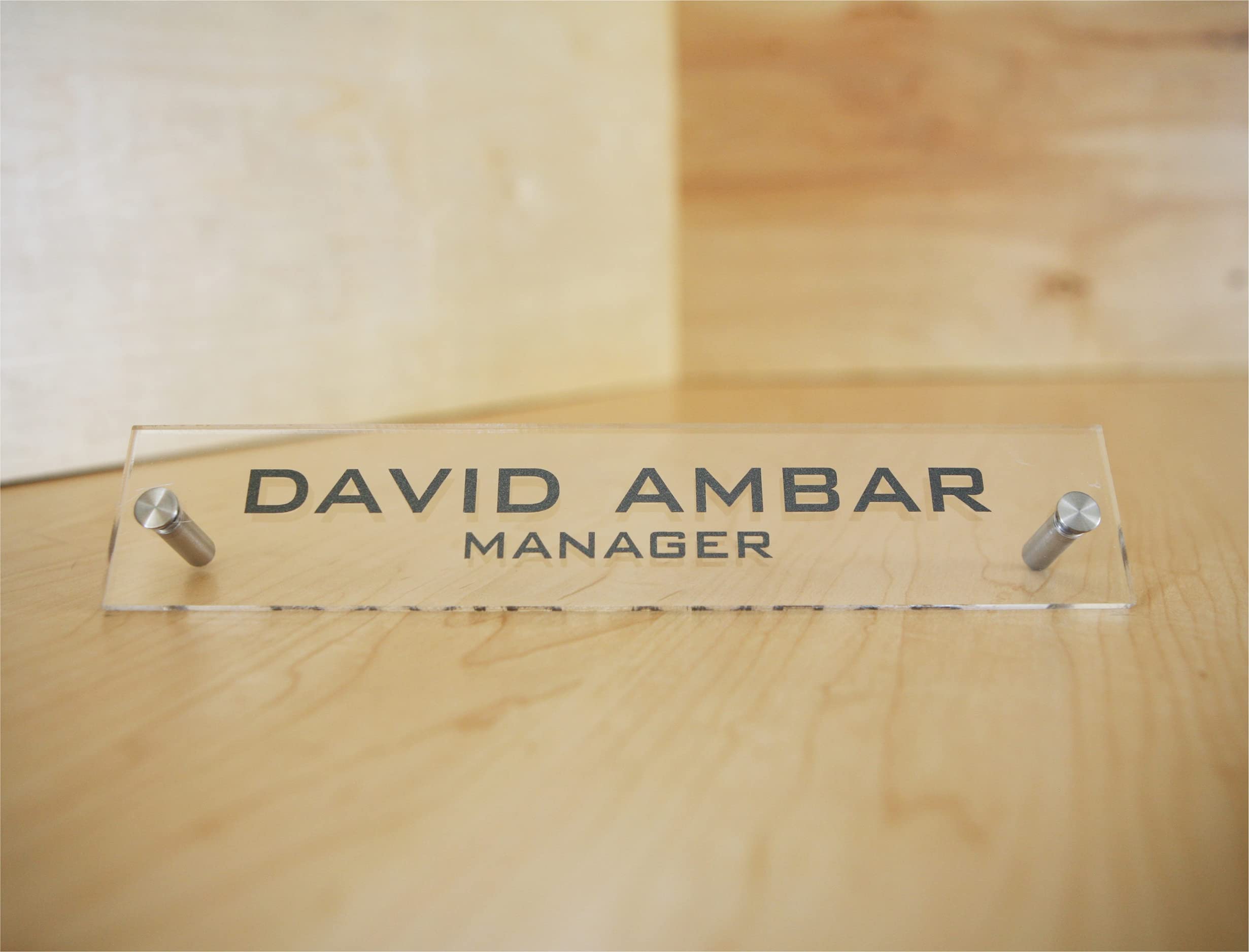 Printex Design - Personalized Office DESK Name Plate & Sign. Modern Stainless Steel Legs - 4 Plate Colors (Clear See Through)