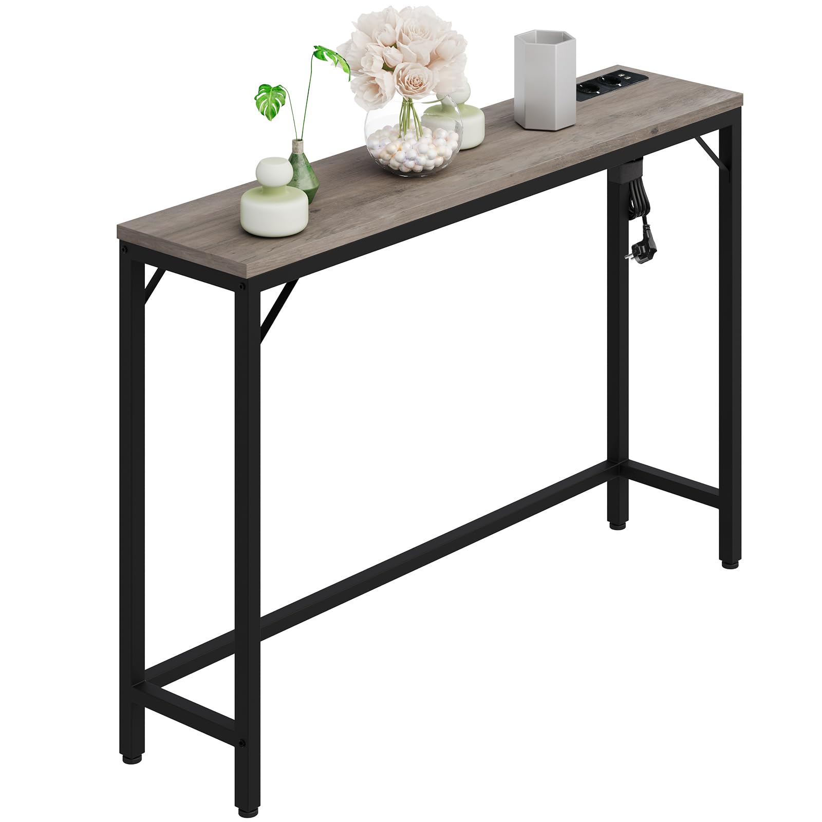 Schmal Konsolentisch mit Steckdose und USB-Anschluss, 100 x 23 x 80 cm Beistelltisch Flurtisch Kleiner Ausstellungstisch Sofatisch Vintagebraun-schwarz ür Flur, Foyer, Wohnzimmer, Vintage Braun