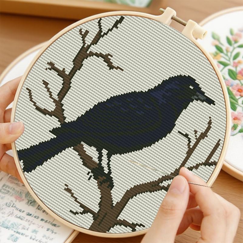 Image of Cartoon Simple Black Crow Raven DIY Stamped Cross Stitch Kits Easy for Beginners Children with Hoop 11CT Needlepoint Counted Embroidery Kits Art Craft Wall Decoration 14x14inch(4)