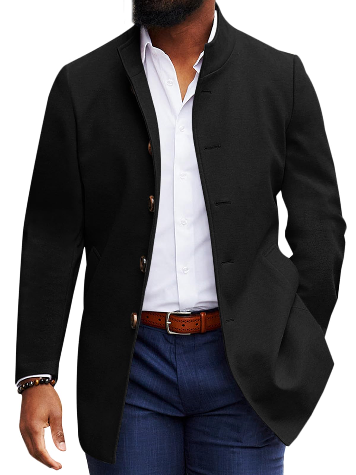 Mens Casual Overcoat Winter Single Breasted Stand Collar Peacoat Business Warm Lapel Topcoat-image-23