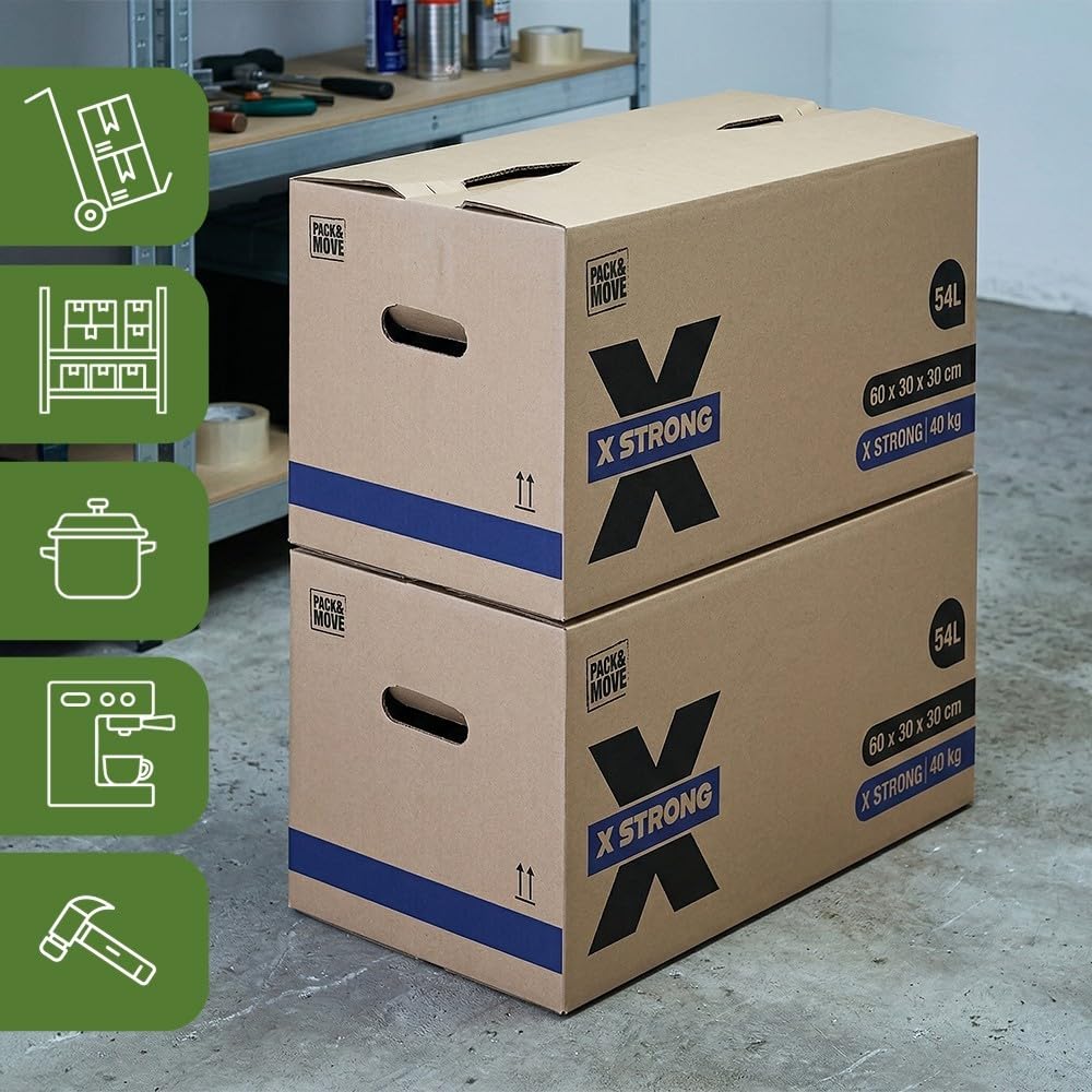 Pack and Move - Zestaw 20 kartonów do przeprowadzki X Strong - 60 x 30 x 30 cm - Obciążenie 40 kg - Ekstremalna wytrzymałość - Duża pojemność