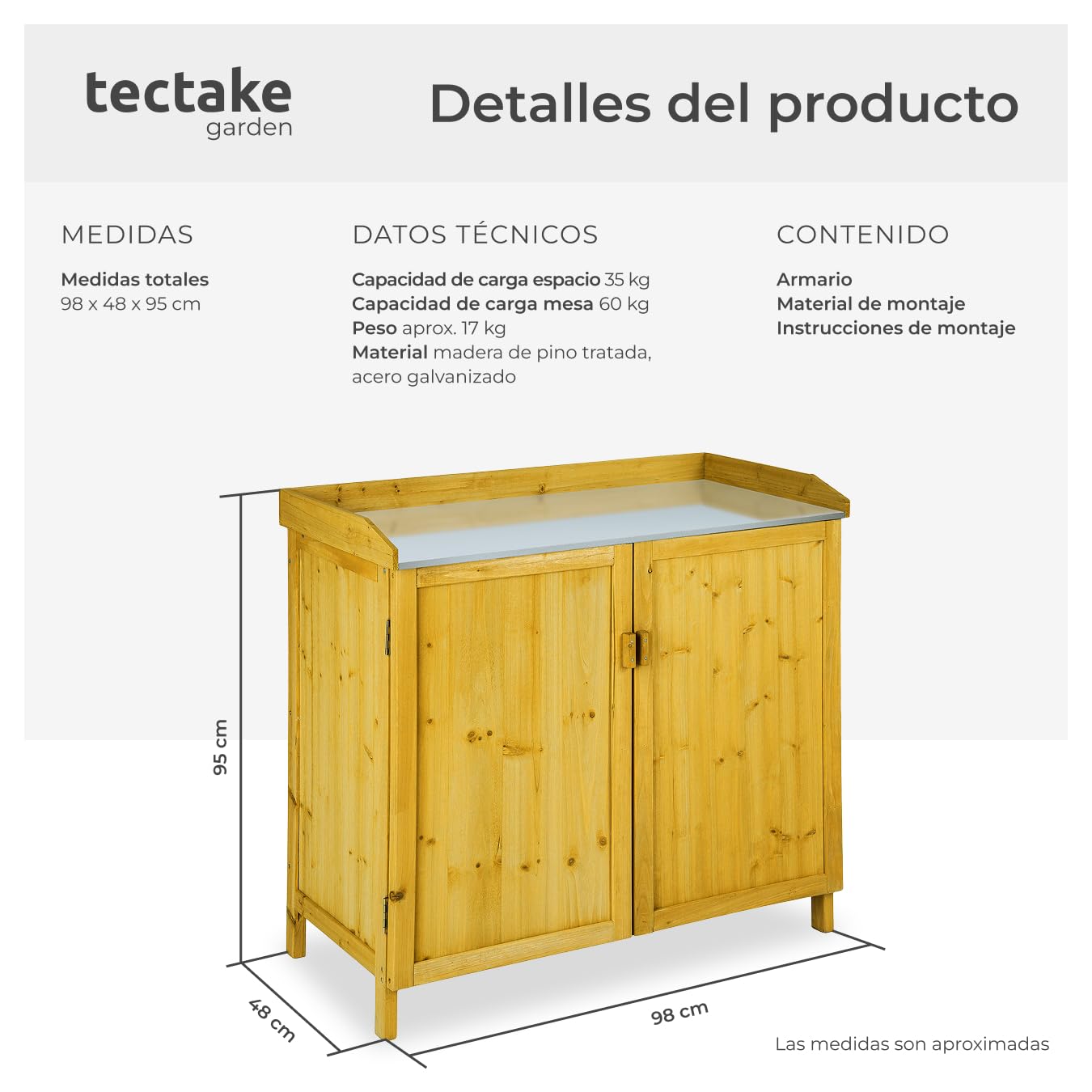 tectake® Armario Exterior de Madera con Estanterias Almacenaje, Ideal para Muebles Jardin Exterior y Jardin, con Superficie Galvanizada y Espacio Protegido para Almacenamiento - 98 x 48 x 95 cm