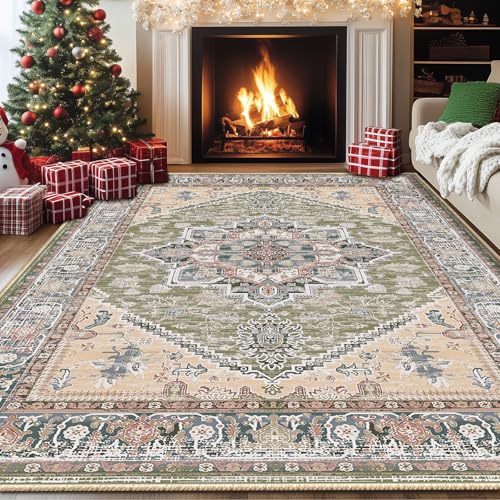 BESTSWEETIE Area Rugs 8×10 Rug for Living Room, Washable Rug 8×10, Non Slip Water Repellent Floor Carpet, Low Pile Soft Vintage Rug for Bedroom Dining Room Indoor-Green/Light tan/Blue/Grey