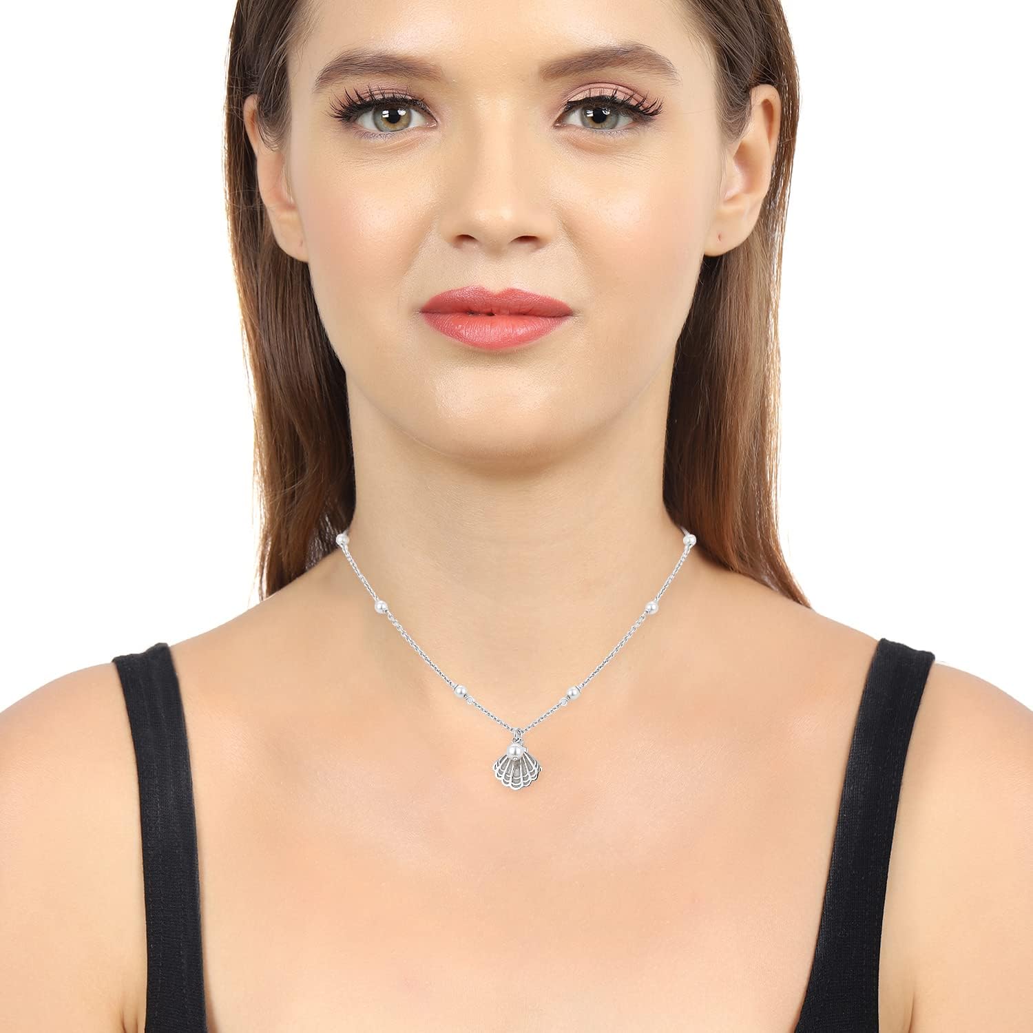 Vanbelle Sterling Silver Jewelry - Rhodium Plated with 925 Stamp - Sea-Theme Sea-Shell Pendant Necklace with Faux Pearls - Elegant Handcrafted For Women - 16" Long + 2" Extender - Image 5