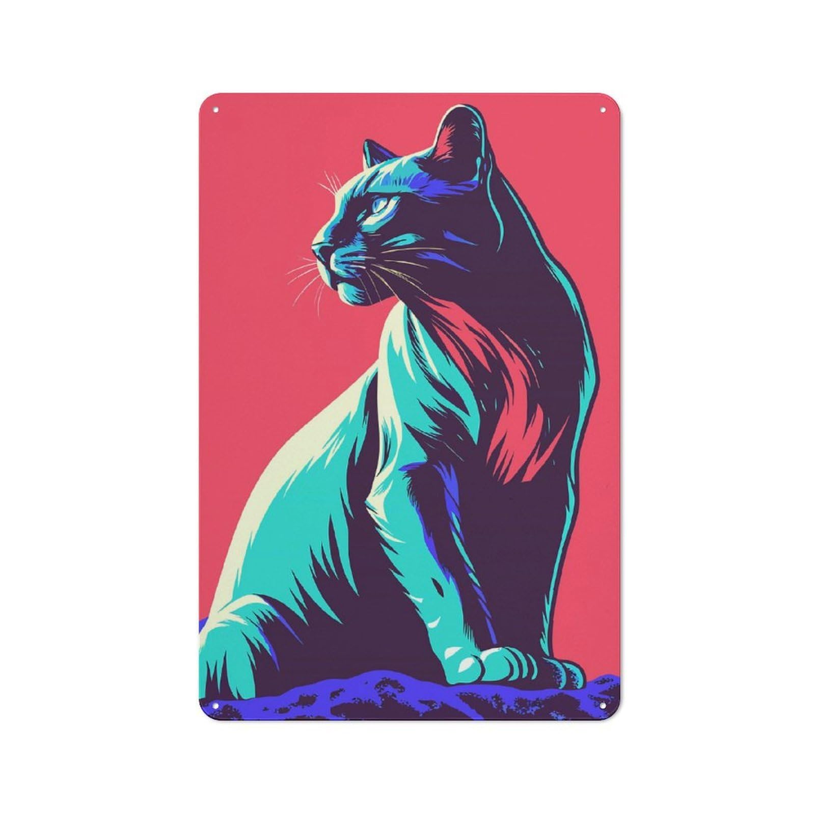 Junmoney Stylized Cat Portrait With Bold Colors Rustic Metal Plaque 30X20cm For Guest Room Or Hallway, A Decorative Metal Sign For Guest Rooms And Hallways
