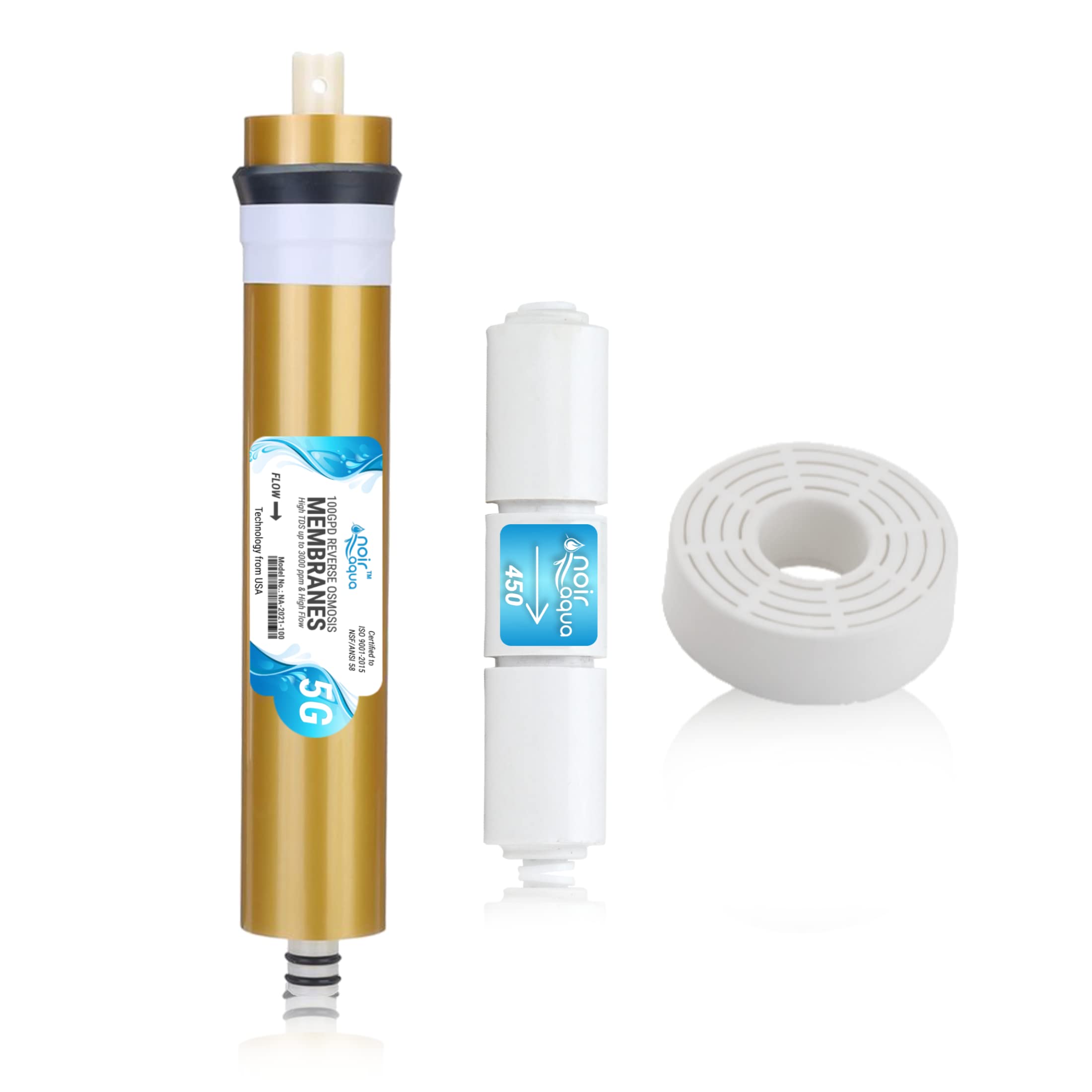 Noir Aqua RO Membrane 100 GPD with Antiscalant Doser and Flow Restrictor, Works Upto 3000 TDS, High Graded Sheets Suitable for All Kind of RO Water Purifier Filters. Longer Life & Stable Flow