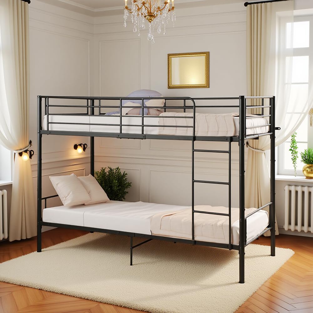 DORAFAIR Letto a Castello 90 x 200 cm in Metallo, con Rete a Doghe, con Scaletta e Protezione da Caduta, Letto a Castello Singolo, Nero