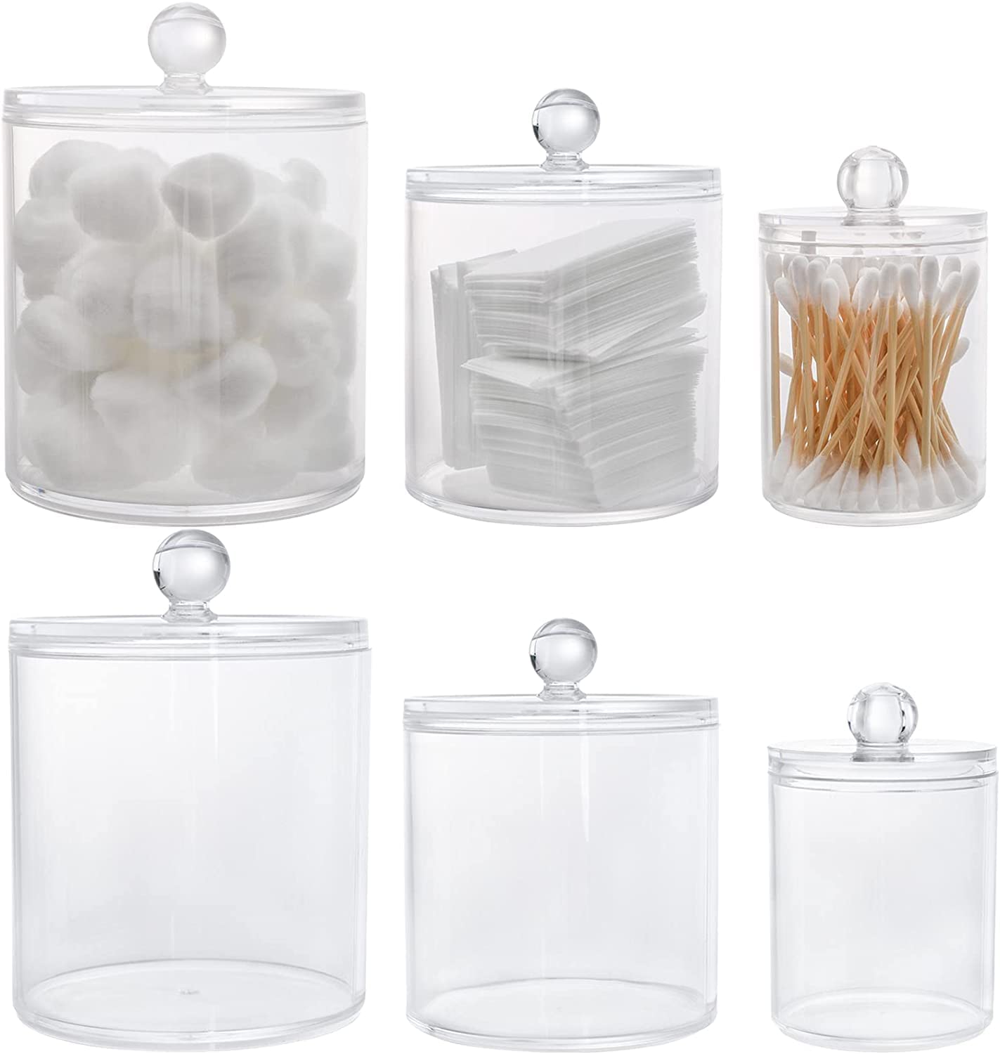 YOUEON 6 Pack Acrylic Cotton Ball Holder with Lid, 8 Oz / 18 Oz / 28 Oz Clear Q-tips Dispenser Bathroom Storage Canister, Apothecary Jars for Organizing Cotton Swab, Cotton Pads, Makeup, Desk