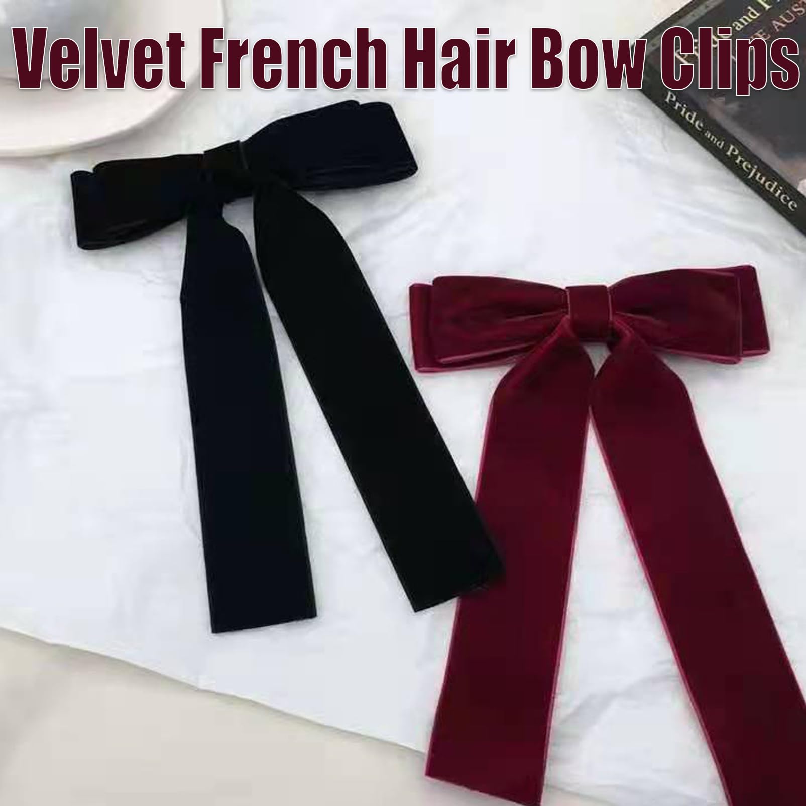 Velvet Bow Hair Clip - Large Ribbon Bow Hairpins in Red & Black - French Vintage Style - Christmas Hair Accessory - Image 2