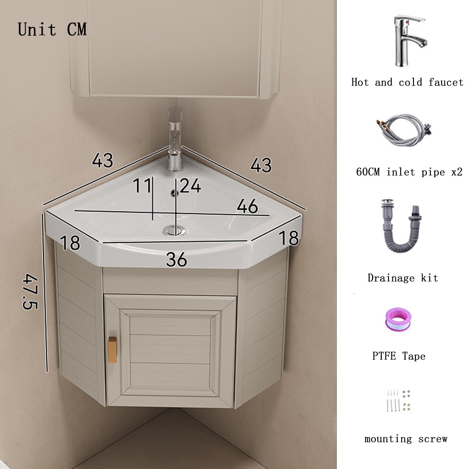 Badezimmerwaschbecken mit Waschtisch, weißer Keramikwaschtisch, Aufbewahrungsschrank mit Waschbecken, 38/43cm Arbeitsplattenwaschtisch, Eckwaschbecken, verwendet für Bad und WC,C-43 * 43CM