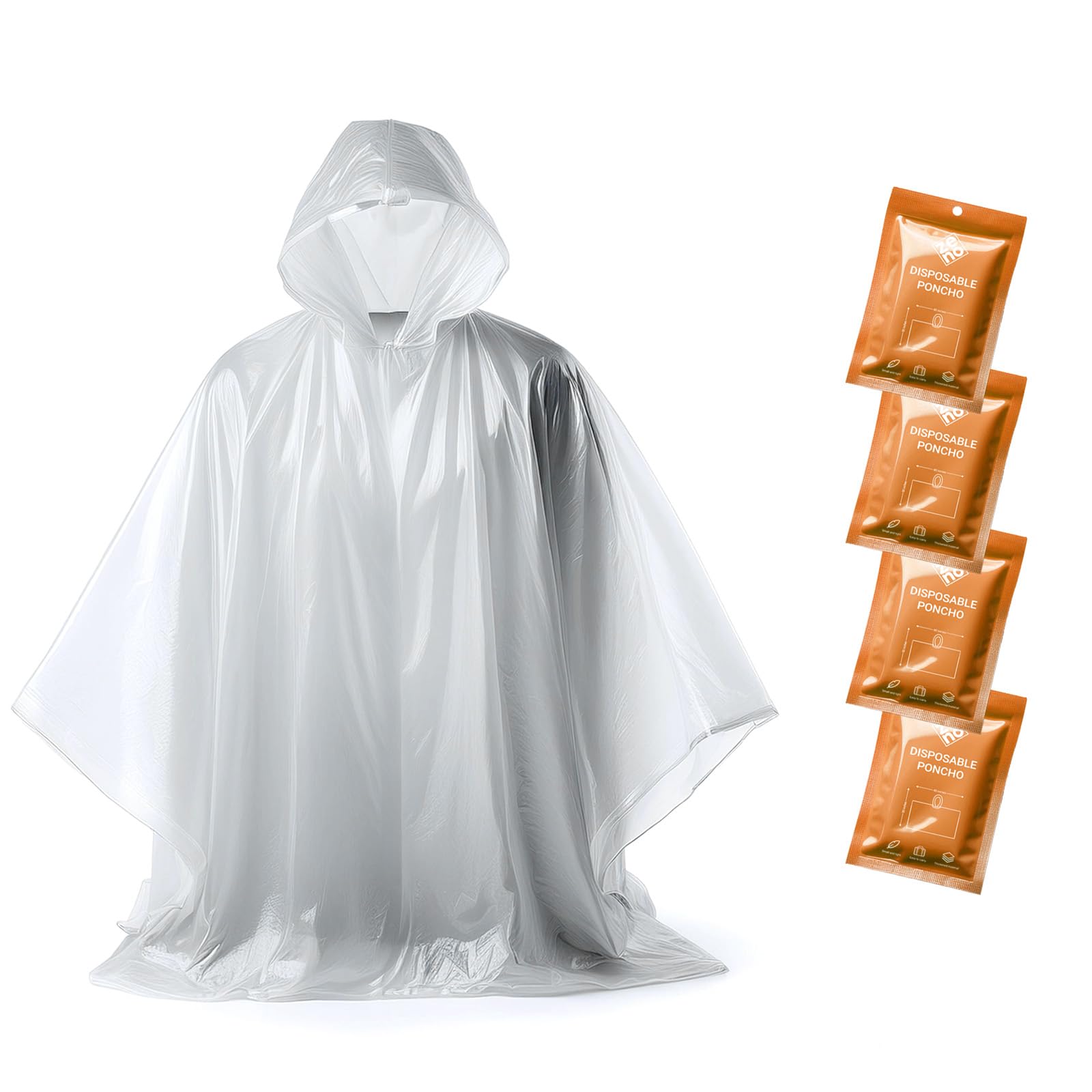 Zeno Women's Orange Rain Poncho Waterproof Adult - Festival Poncho - Waterproof, Disposable, Clear With Hood - Emergency Rain Coat For Hiking, Cycling, Camping, Concert - Pack Of 4 - Glow Edition