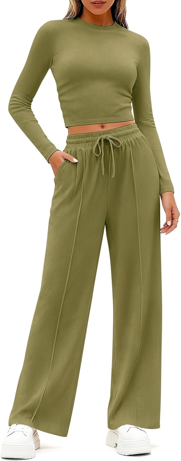 Womens 2 Piece Lounge Set Matching Travel Fall Outfits Long Sleeve Crop Top Wide Leg Pants