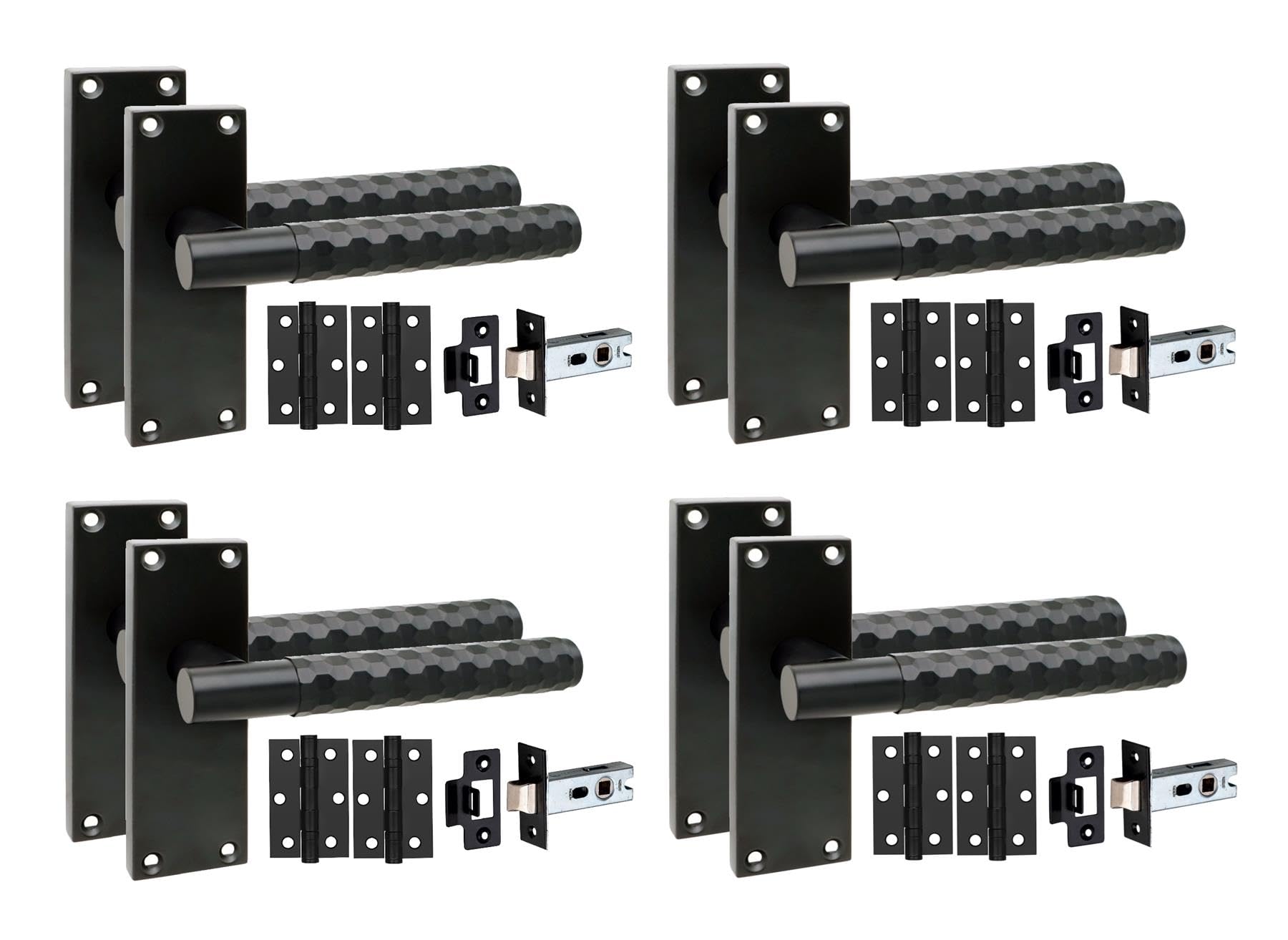 Golden Grace 4 Pairs Victorian Knurled Hex Cut Door Handle Matt Black With 2.5" Latch & Hinges120mm X 40mm from B&Q