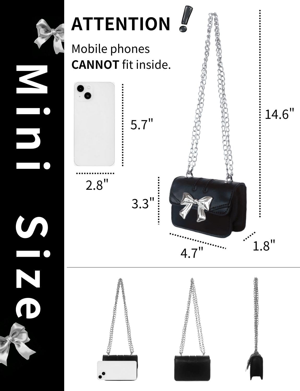 Mini Crossbody Bags for Women Mini Purses for Girl Micro Purse Tiny Black Small Bow Purse Handbags Shoulder Bags - Image 4