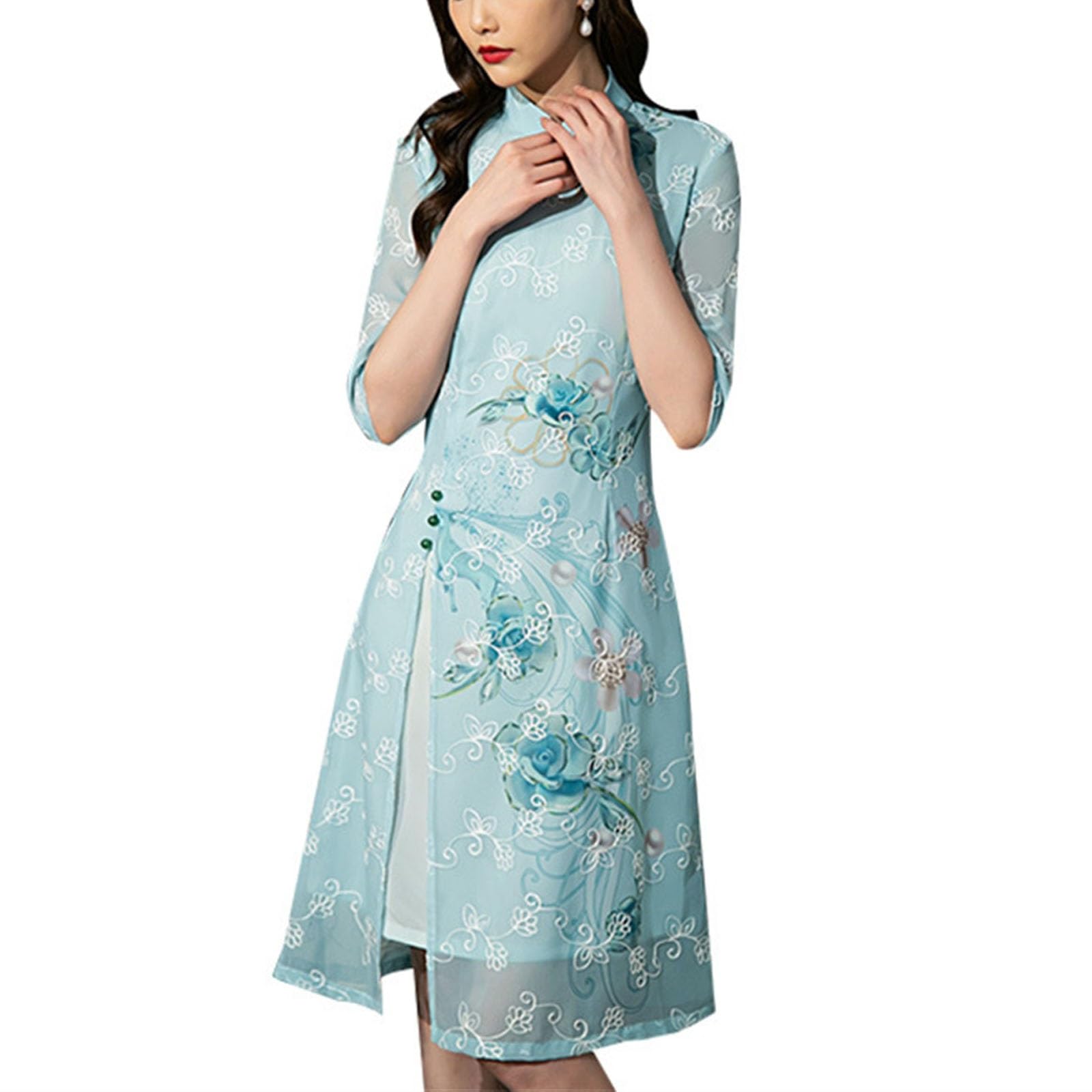 RZIHOI 2024 Vietnamese Traditional Ao Dai for Women Chiffon Embroidered Cheongsam Chinese Dresses Two Colors Qipao Dress