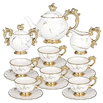 Tea Set Porcelain - Tea Sets for Women Adults 15 Pieces - Tea Cup and Saucer Set for 6 with Creamer and Sugar Bowl - Vintage English Tea Sets with Teapot (38 oz) and Cups (7.4 oz)