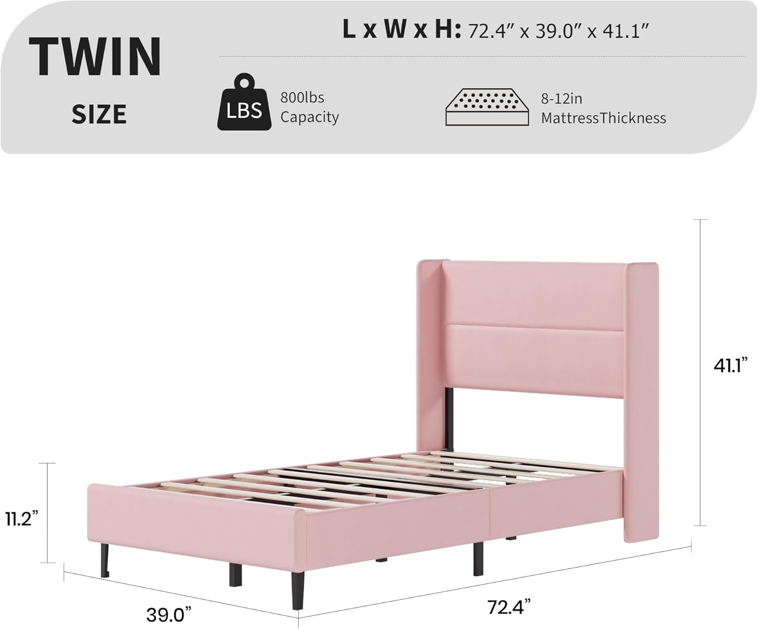 Twin Size Bed Frame with Wingback Headboard, Velvet Upholstered Platform Bedframe with Wood Slats, No Box Spring Needed, Easy Assembly, Pink