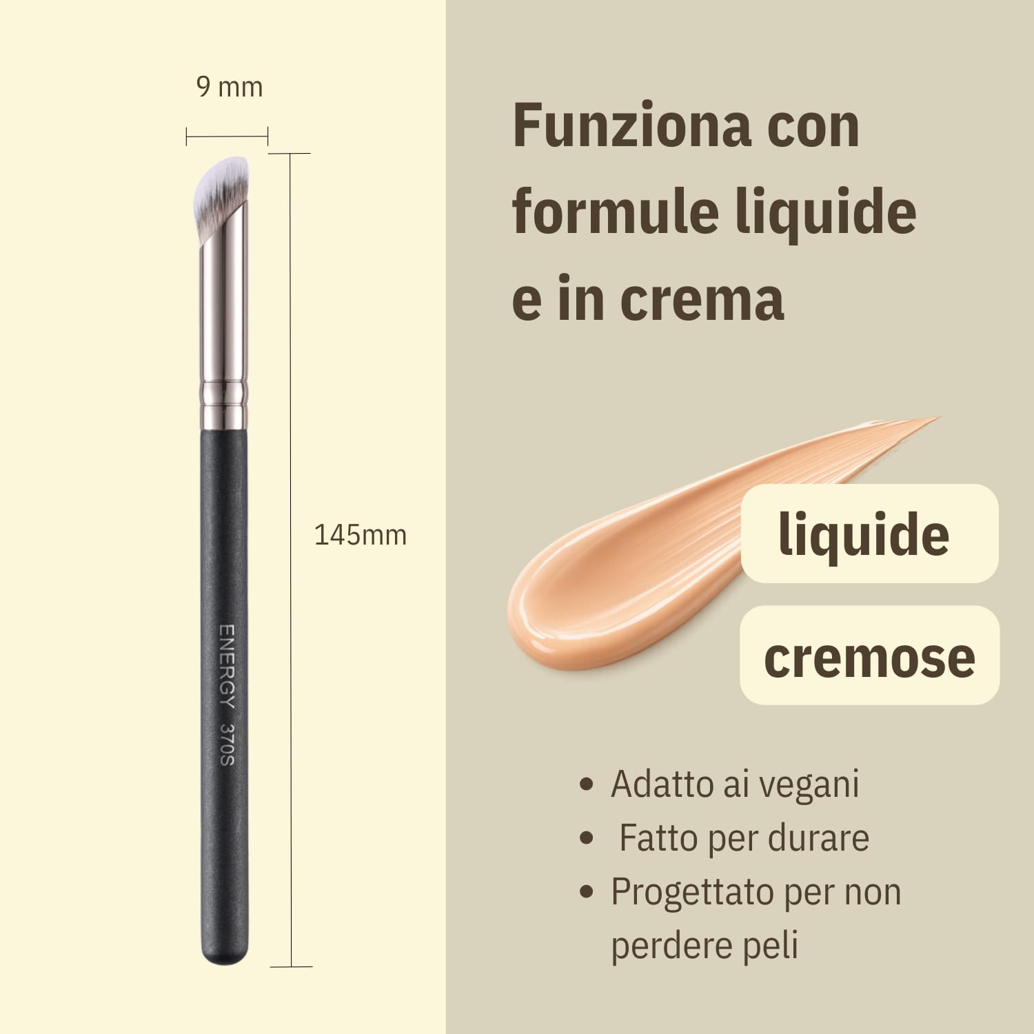ENERGY 370S Pennello Correttore Piccolo per Copertura Mirata & Occhiaie – Pennello Trucco di Precisione con Setole Sintetiche Vegane